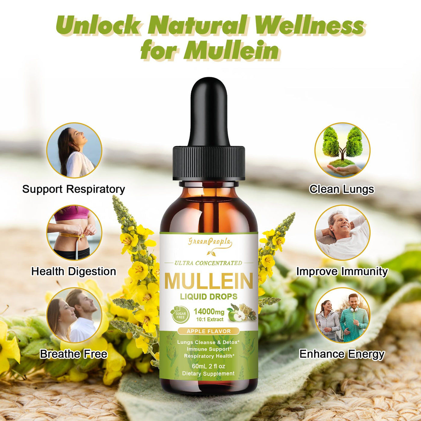 Mullein Leaf Extract Drops Liquid Supplement Apple Flavor