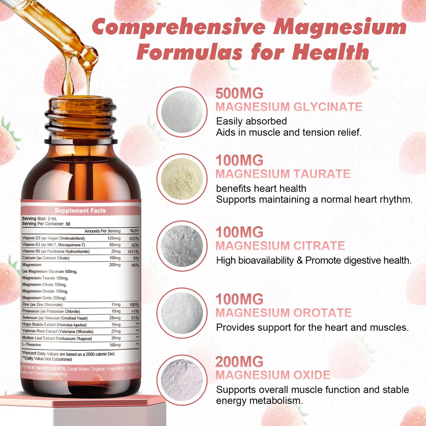 1000mg Liquid Drop Magnesium Complex with D3, K2 & B6 for Sleep Sugar-Free Strawberry Flavor