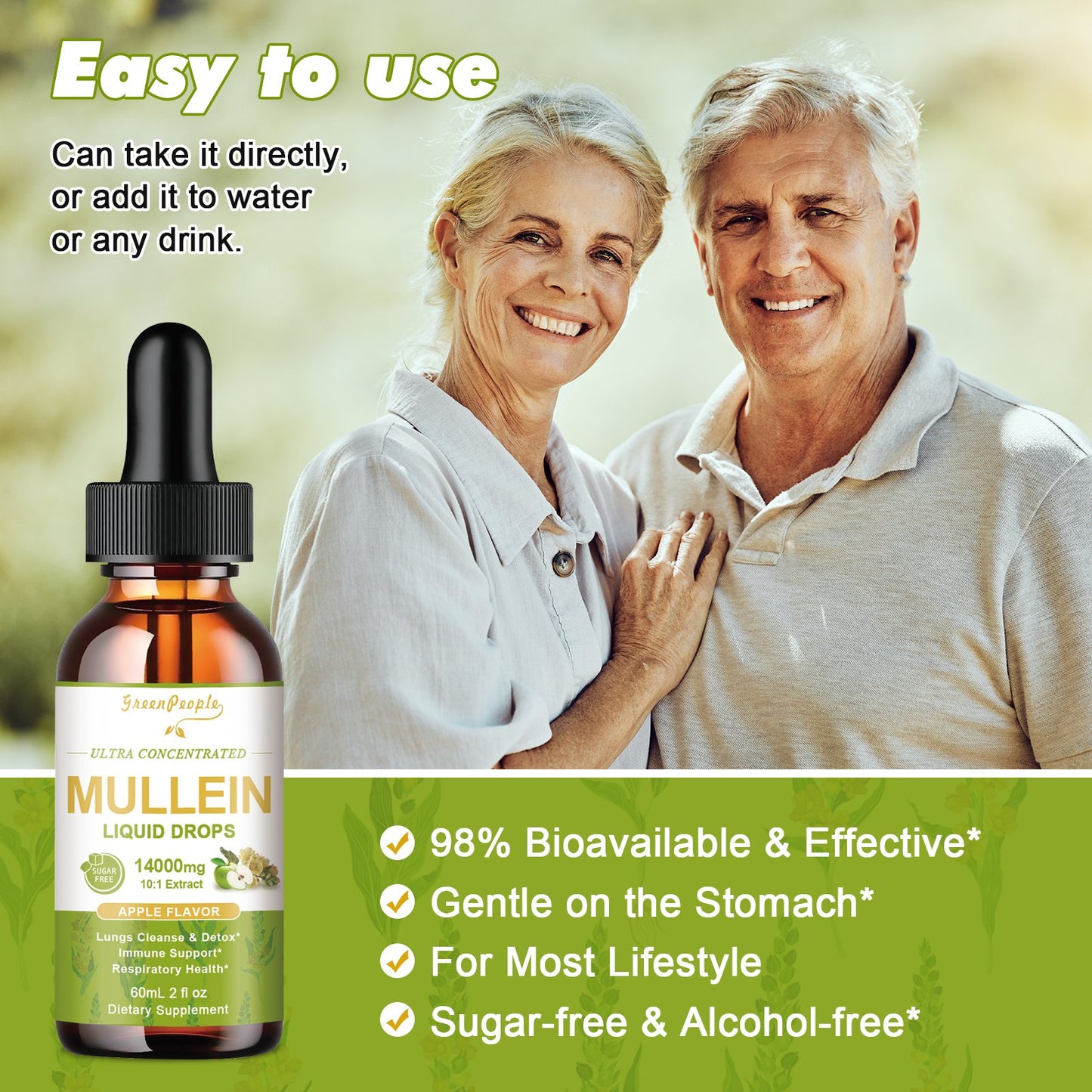 Mullein Leaf Extract Drops Liquid Supplement Apple Flavor