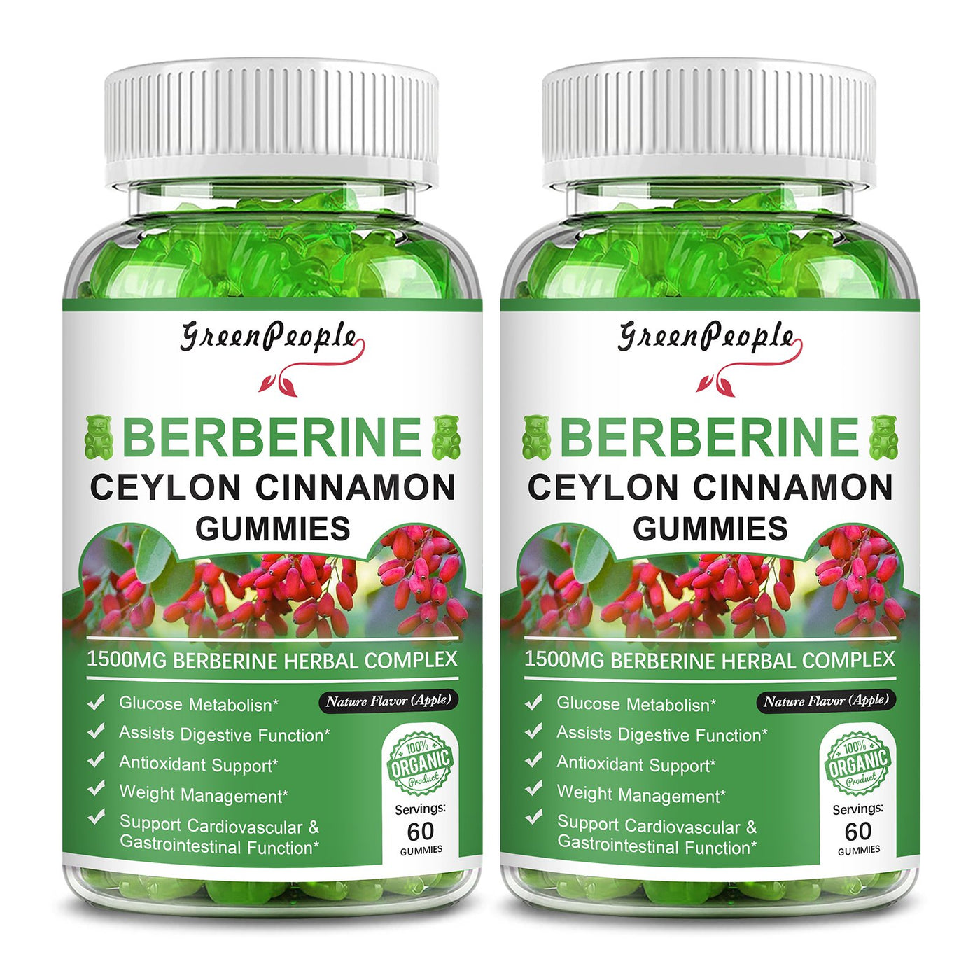 GreenPeople Berberine Ceylon Cinnamon Gummies Apple Flavor 2 Packs