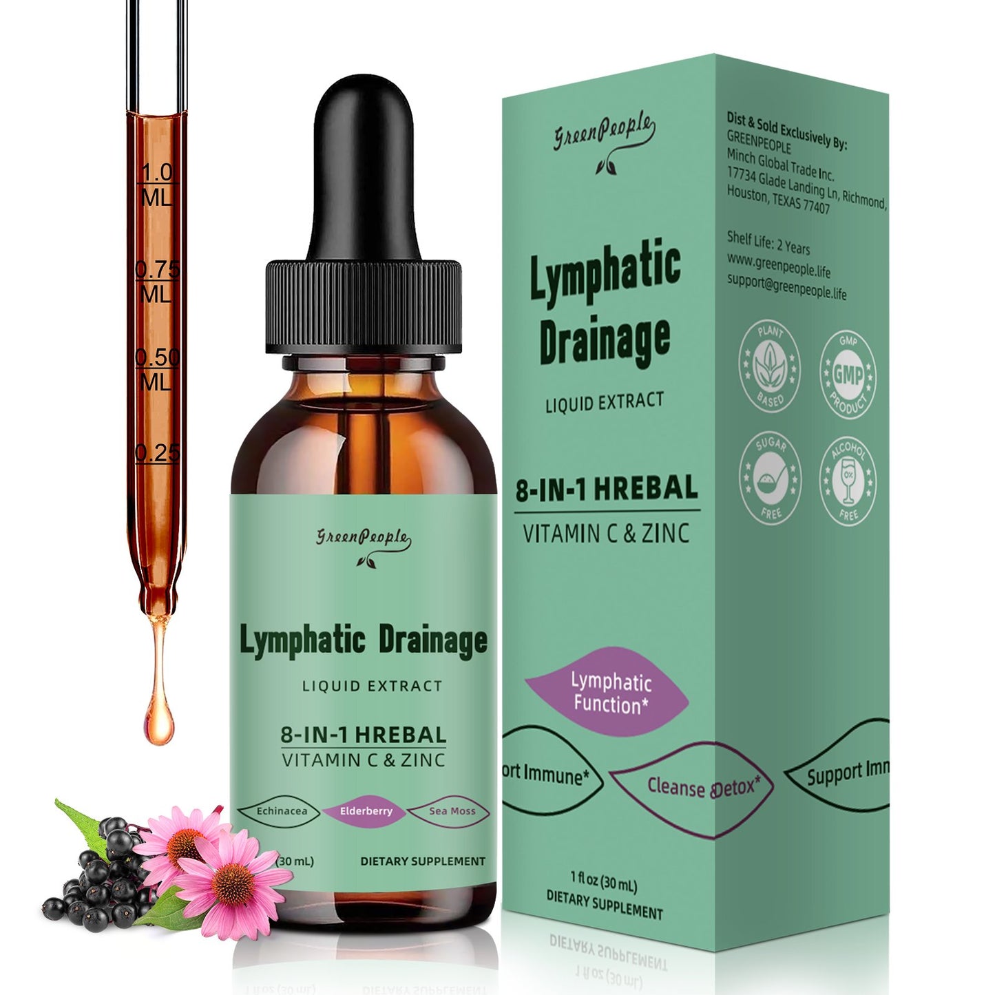 Lymphatic Drainage Supplements Drops - 10-in-1 Vegan Lymphatic Support Supplement - Lymphatic Cleanse with 1000mg Echinacea & Elderberry - Immune Support - Vegan, Non-GMO (1 fl oz, 2 Pack)