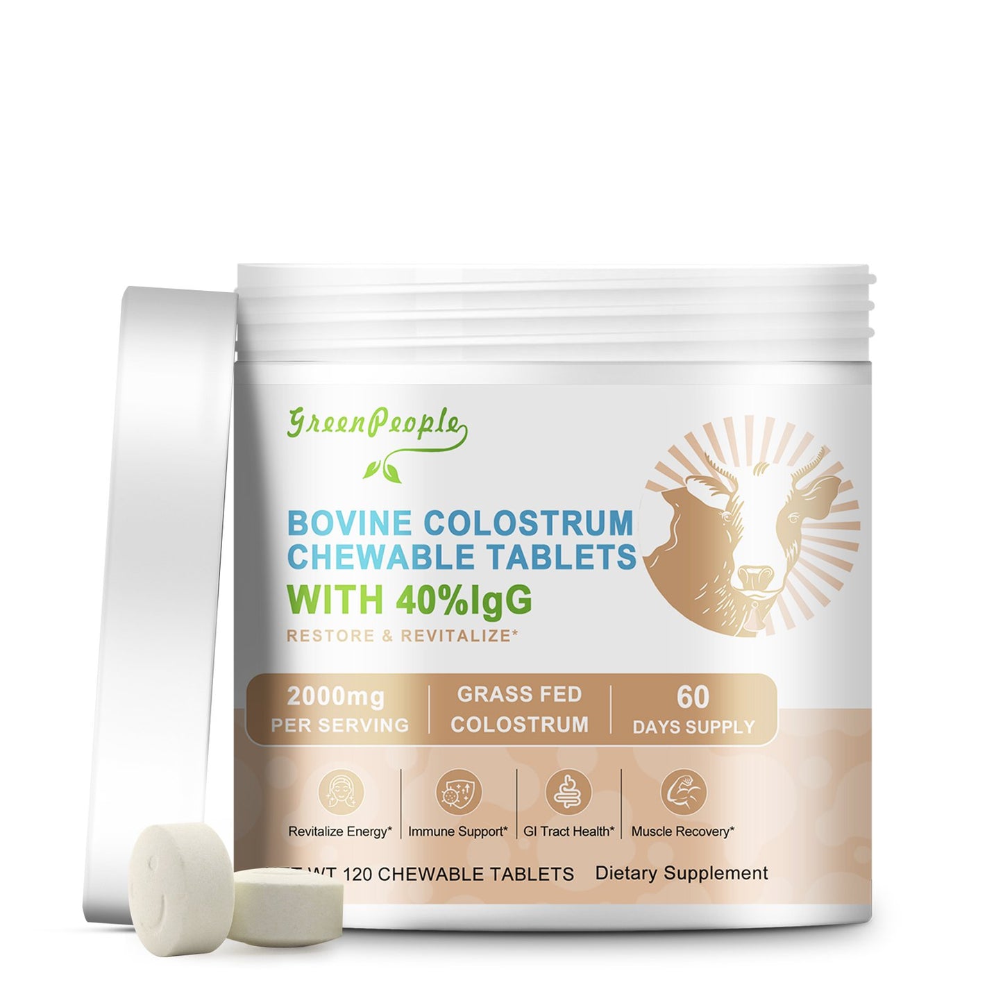 GreenPeople Bovine Colostrum Tablets Chewable Colostrum Supplement 2000mg per Serving for Immune Support