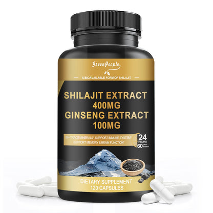 Shilajit 400mg with Ginseng, Maximum Potency Capsules 120 Count with Fulvic Acid & Trace Minerals for Enhanced Energy and Immune Support Men & Women Better Than Shilajit Resin