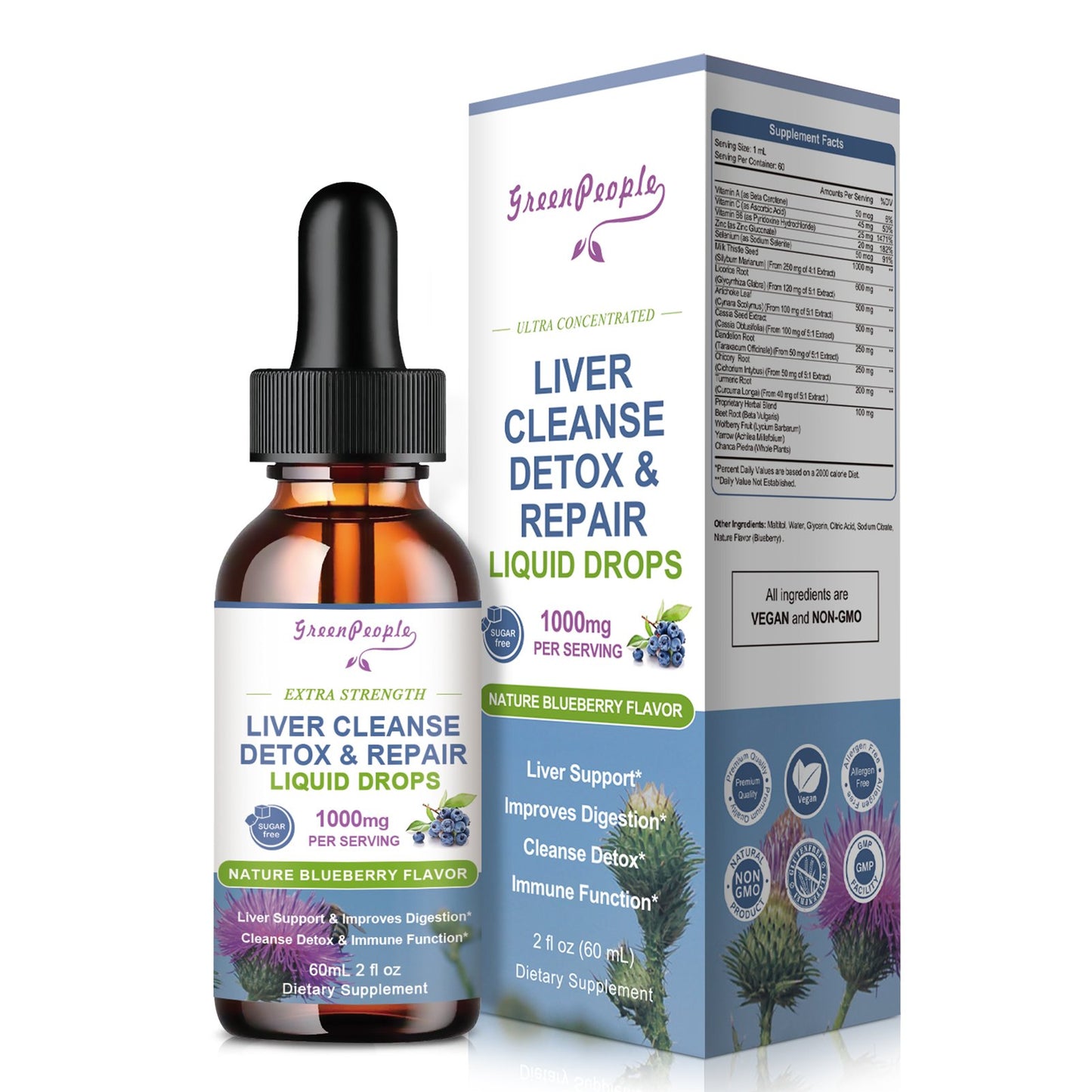 GreenPeople Liver Liquid Drop Supplement 1000mg Milk Thistle Silymarin Extract Blueberry Flavor