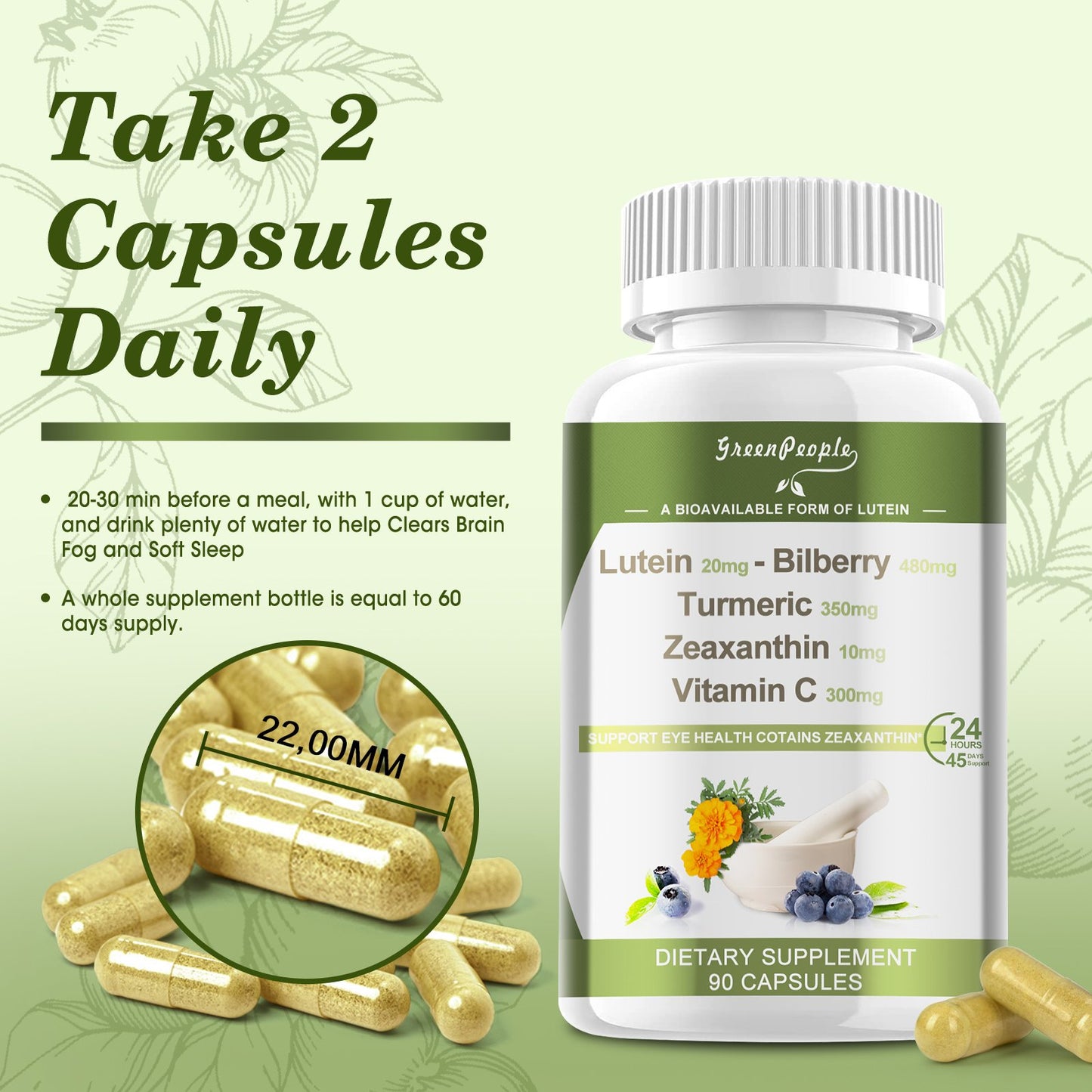 GREENPEOPLE Lutein Capsules | Eye Supplements | Visual Function Support | Lingonberry, Turmeric, Zeaxanthin, and Vitamin C