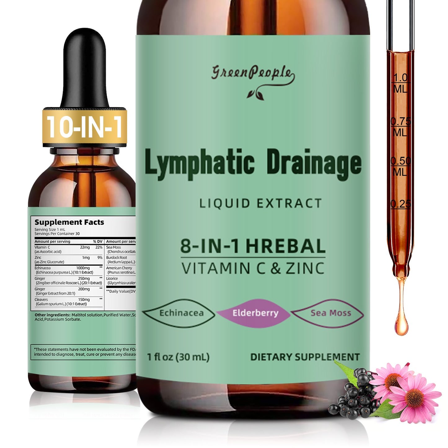 Lymphatic Drainage Supplements Drops - 10-in-1 Vegan Lymphatic Support Supplement - Lymphatic Cleanse with 1000mg Echinacea & Elderberry - Immune Support - Vegan, Non-GMO (1 fl oz, 2 Pack)