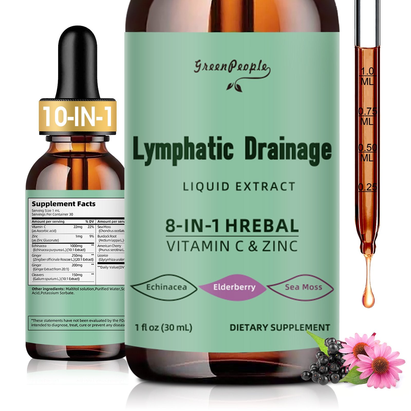 Lymphatic Drainage Drops, 10-in-1 Lymphatic Supplements with Echinacea & Burdock Root- Immune & Detox Boost, Advanced Absorption, Non-GMO (2 fl oz, 2 Pack) - GreenPeople