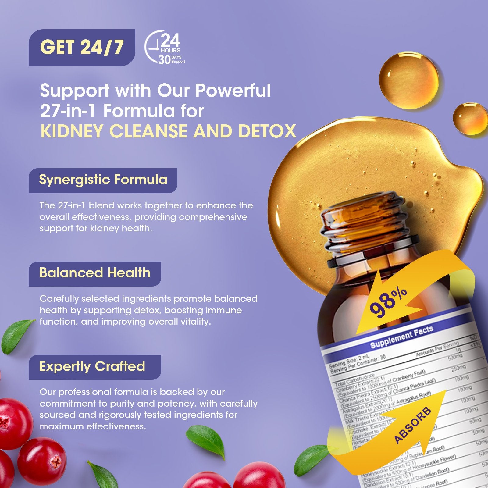 27-in-1 Kidney & Liver Support Liquid Drops - 20:1 Cranberry Extract, Blueberry Flavor - Non-GMO (2 fl oz) - GreenPeople