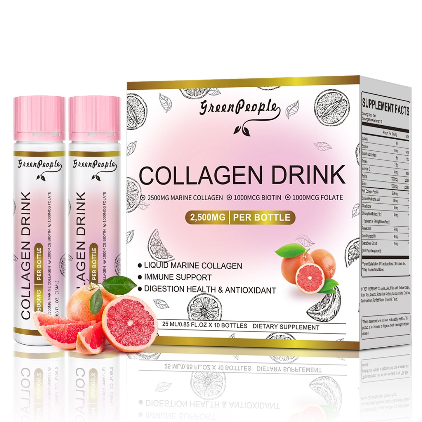 GREENPEOPLE Collagen Drinks | 2500mg Fish Collagen Peptides + Hyaluronic Acid + Vitamin B & C | Grapefruit Flavor | 2-Pack