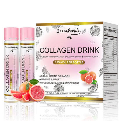 GREENPEOPLE Collagen Drinks | 2500mg Fish Collagen Peptides + Hyaluronic Acid + Vitamin B & C | Grapefruit Flavor | 2-Pack