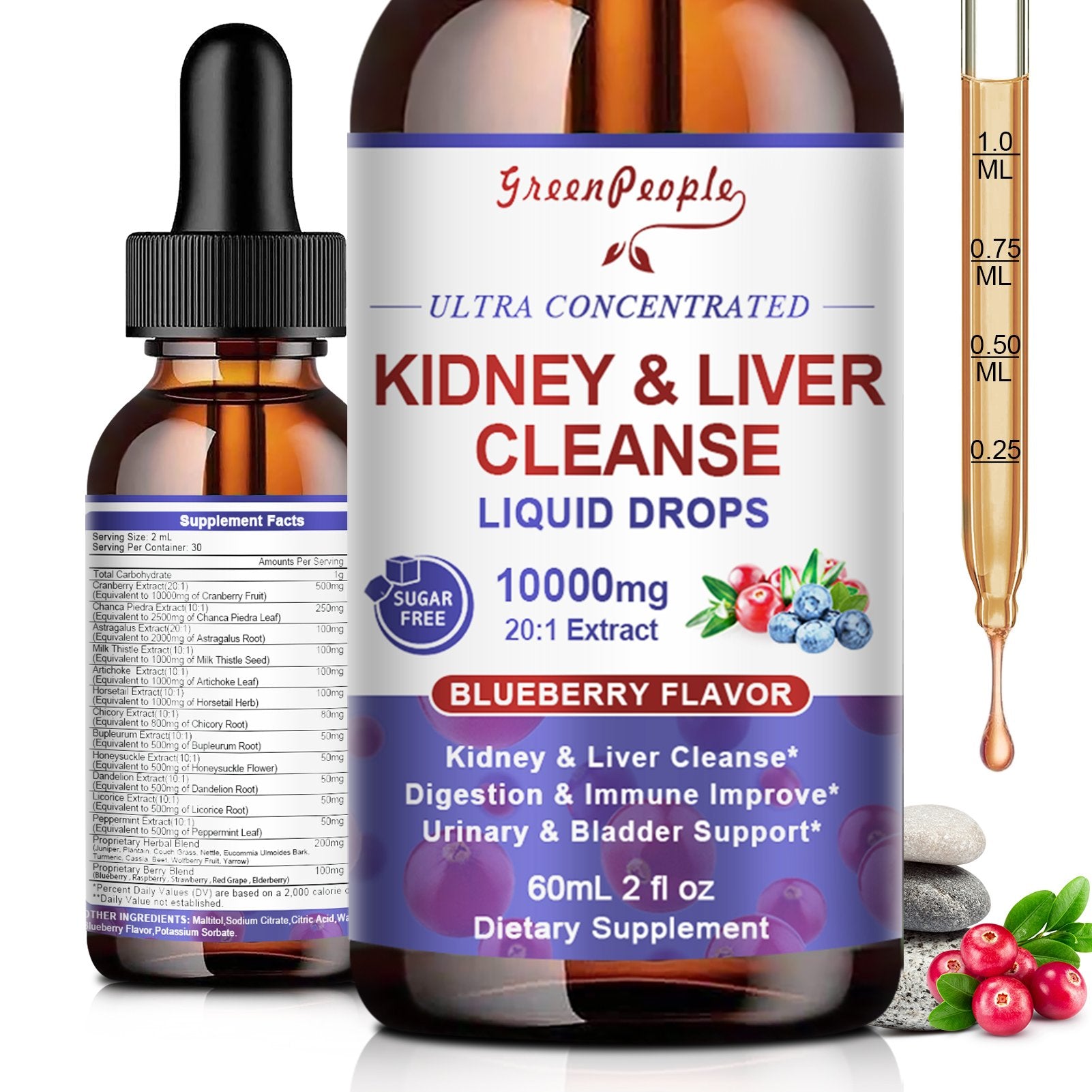 27-in-1 Kidney & Liver Support Liquid Drops - 20:1 Cranberry Extract, Blueberry Flavor - Non-GMO (2 fl oz) - GreenPeople