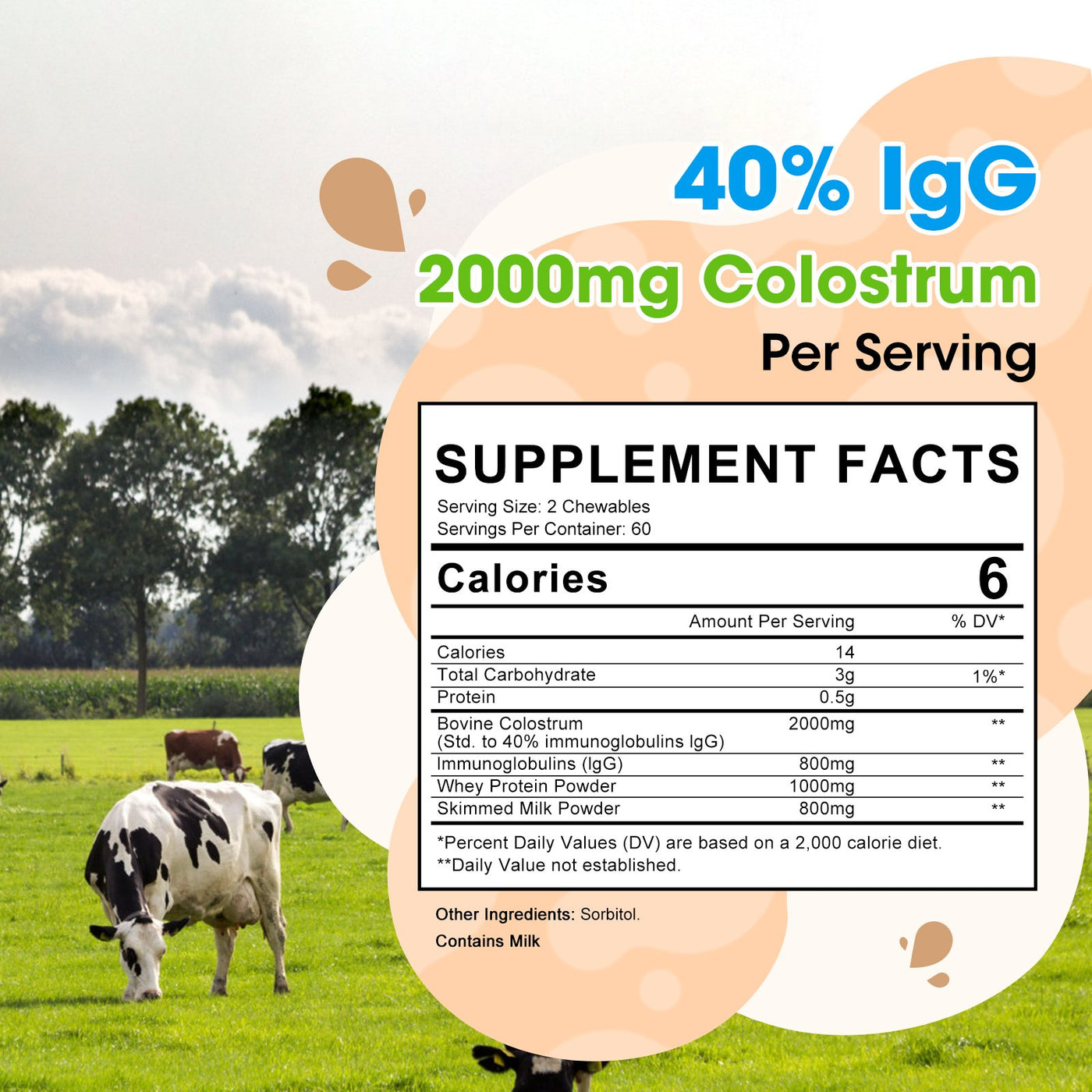 GreenPeople Bovine Colostrum Tablets Chewable Colostrum Supplement 2000mg per Serving for Immune Support