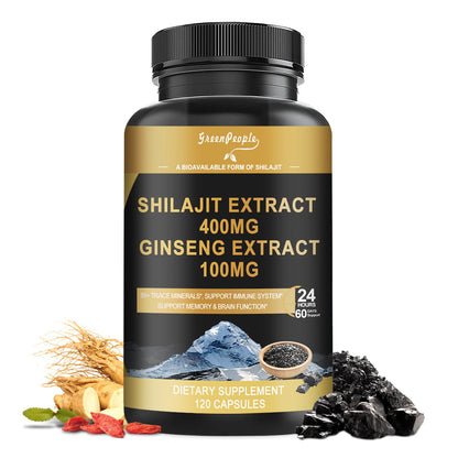 Shilajit 400mg with Ginseng, Maximum Potency Capsules 120 Count with Fulvic Acid & Trace Minerals for Enhanced Energy and Immune Support Men & Women Better Than Shilajit Resin