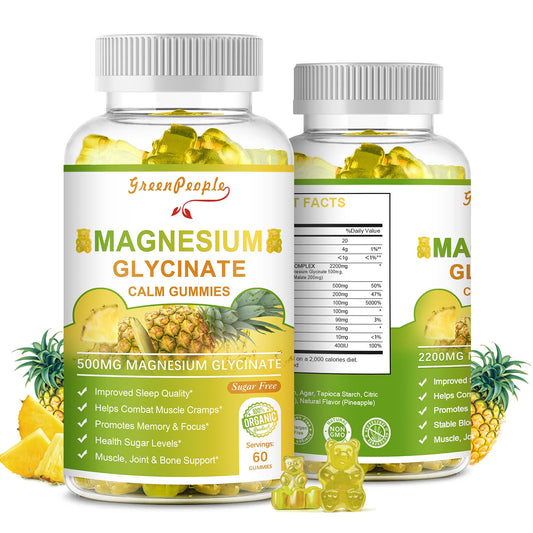 GreenPeople Magnesium Glycinate Gummies with Citrate 1000mg Supplement with Vitamin D, K2 for Calm Mood & Zzz Support - 60 Pineapple Gummies