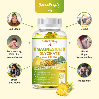 GreenPeople Magnesium Glycinate Gummies with Citrate 1000mg Supplement with Vitamin D, K2 for Calm Mood & Zzz Support - 60 Pineapple Gummies