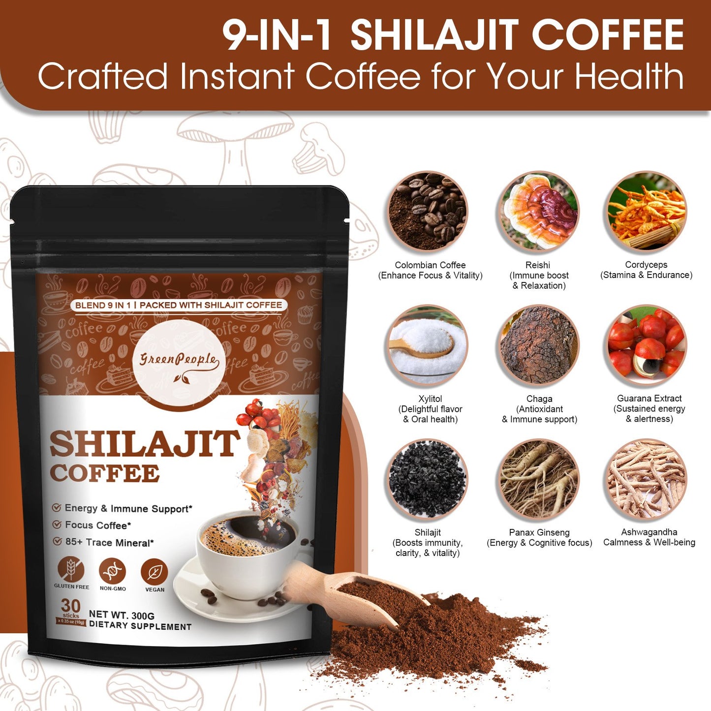 Himalayan Shilajit Resin Coffee with Fulvic Acid & 85+ Trace Minerals Shilajit & 6 Herbal Supplement for Energy & Immune Support