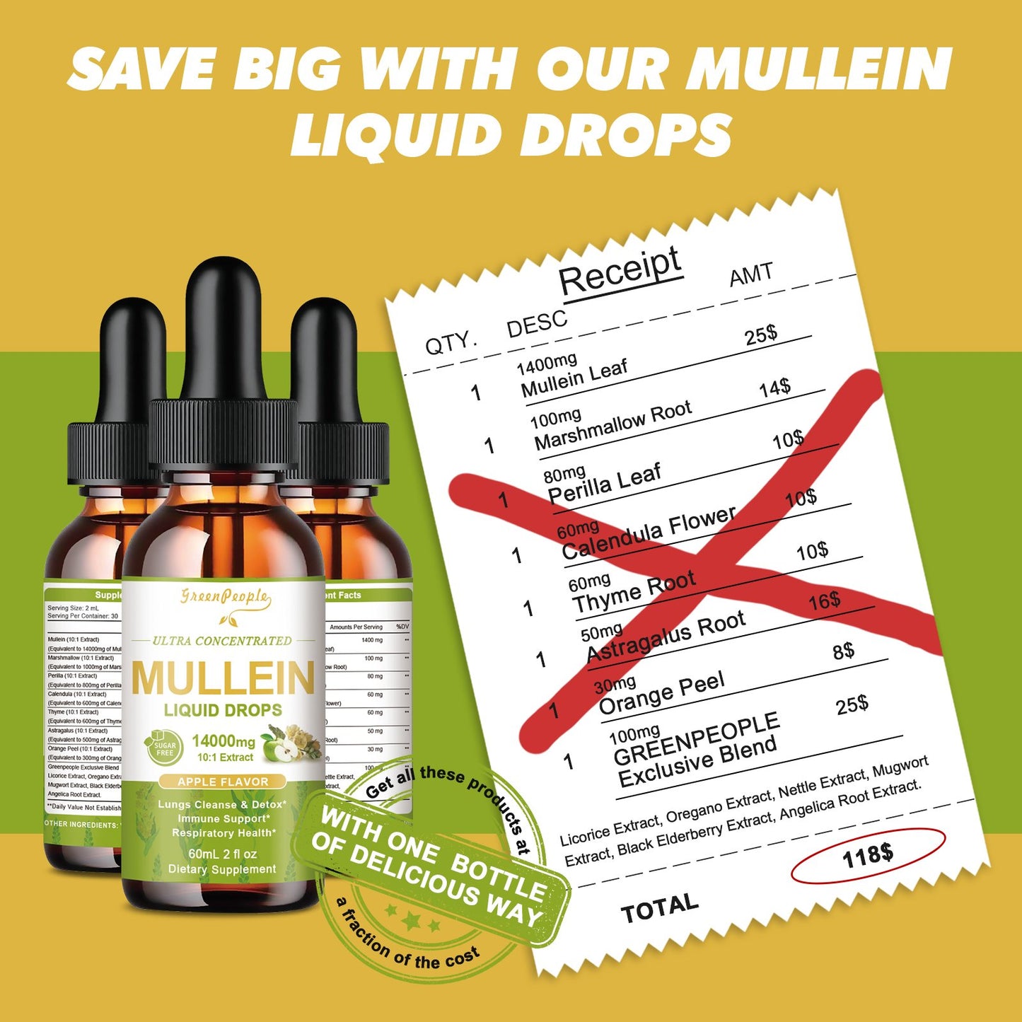 Mullein Leaf Extract Drops Liquid Supplement Apple Flavor