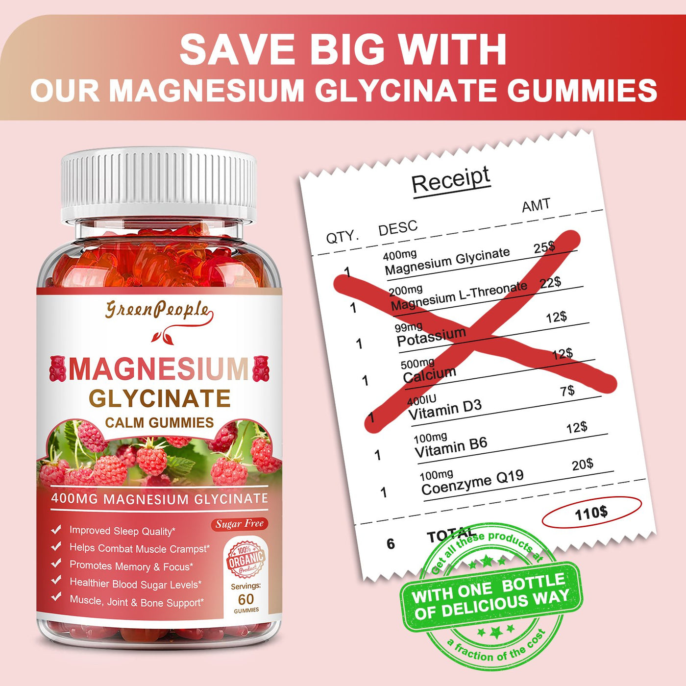 GREENPEOPLE Magnesium Calm Gummies 60 Count Natural Raspberry