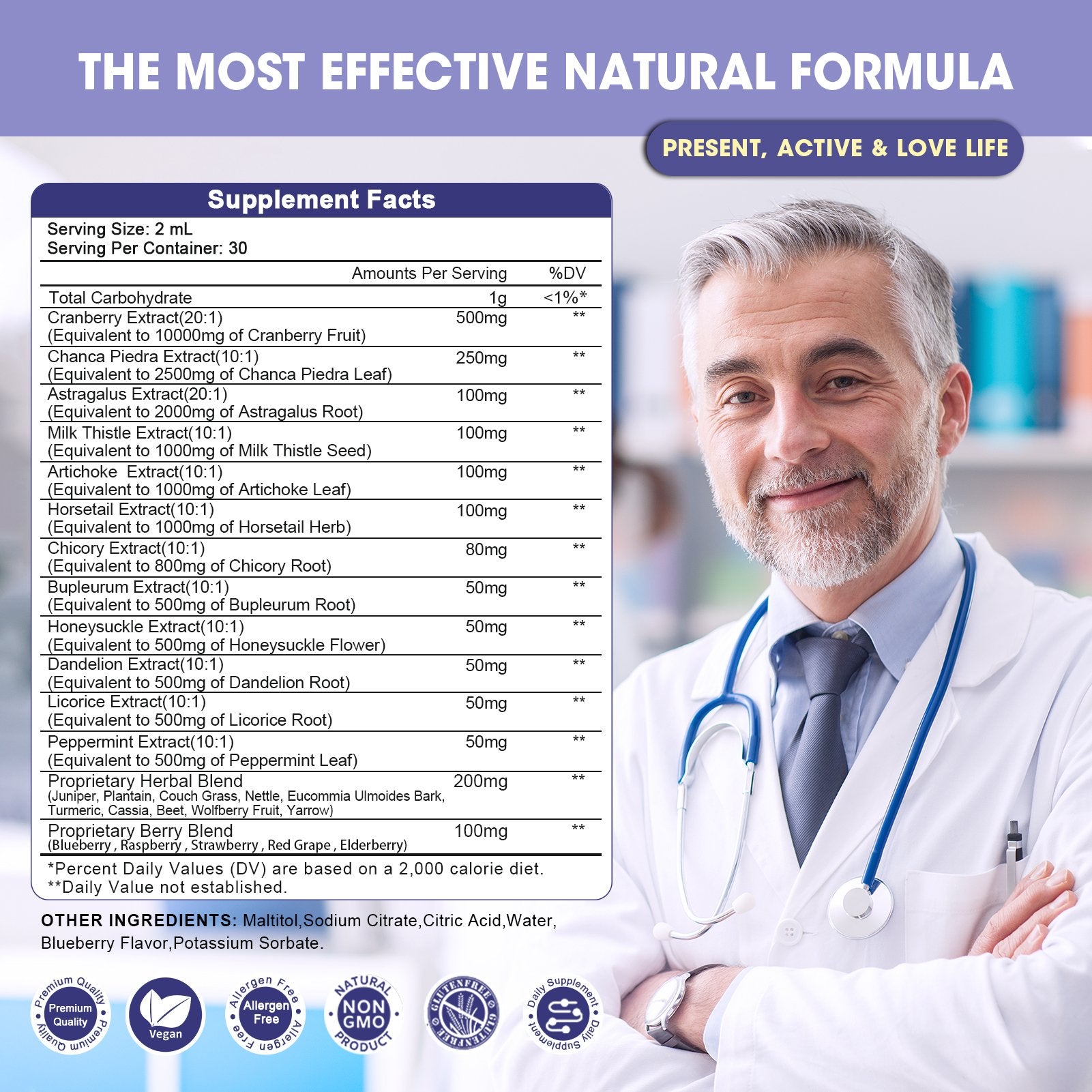 27-in-1 Kidney & Liver Support Liquid Drops - 20:1 Cranberry Extract, Blueberry Flavor - Non-GMO (2 fl oz) - GreenPeople