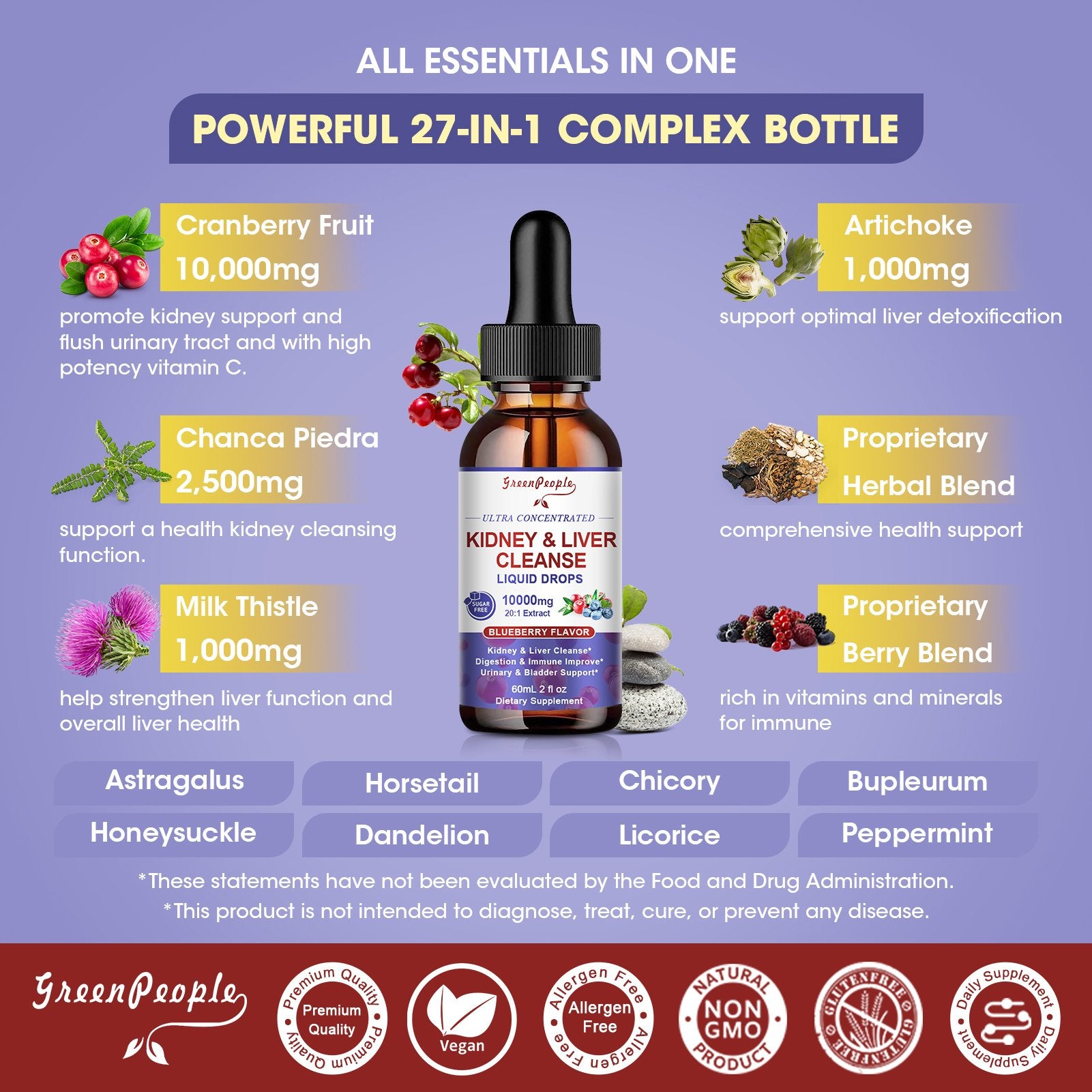 27-in-1 Kidney & Liver Support Liquid Drops - 20:1 Cranberry Extract, Blueberry Flavor - Non-GMO (2 fl oz) - GreenPeople