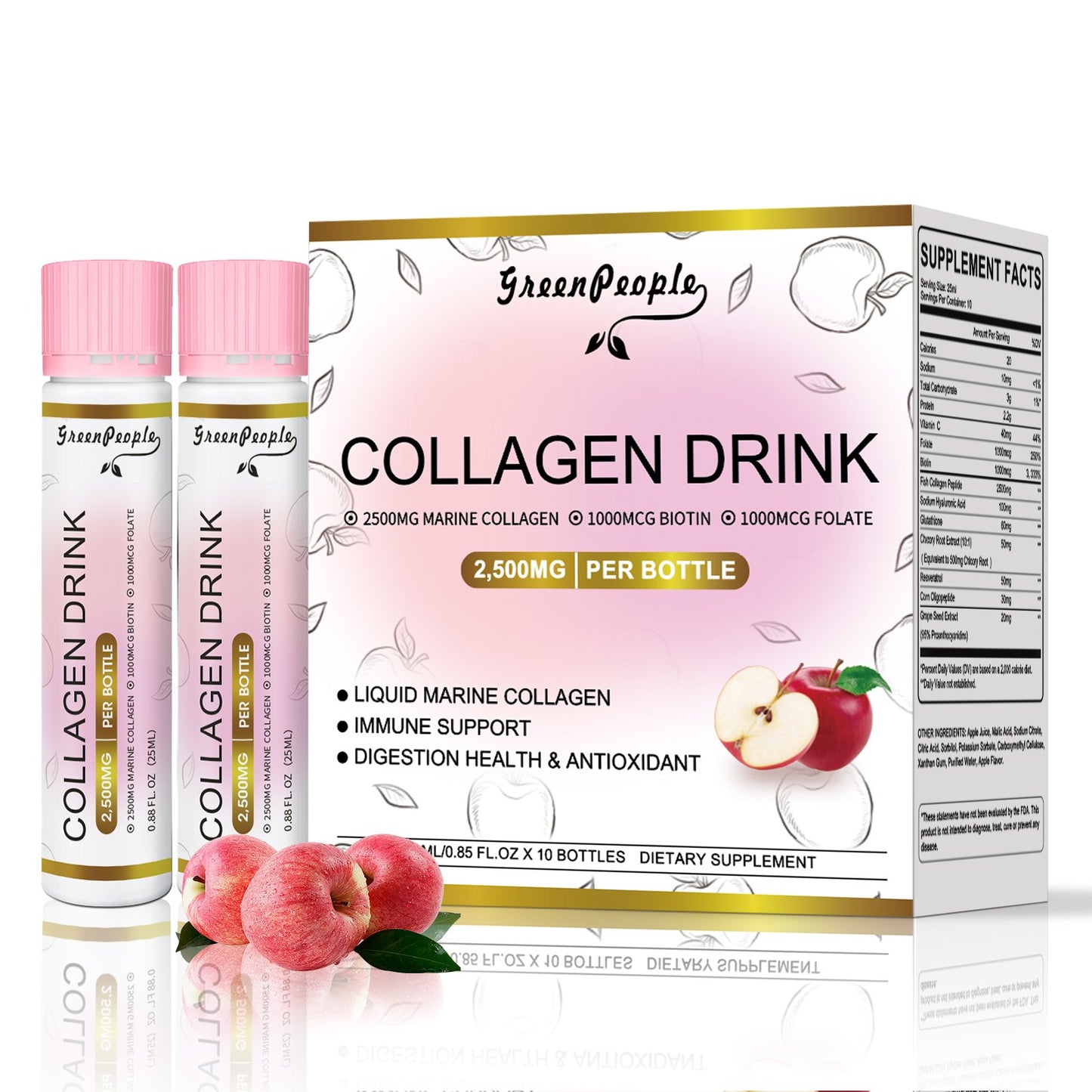 GREENPEOPLE Collagen Drinks | 2500mg Fish Collagen Peptides + Hyaluronic Acid + Vitamin B & C | Apple Flavor