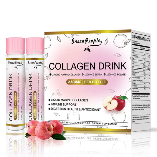 GREENPEOPLE Collagen Drinks | 2500mg Fish Collagen Peptides + Hyaluronic Acid + Vitamin B & C | Apple Flavor