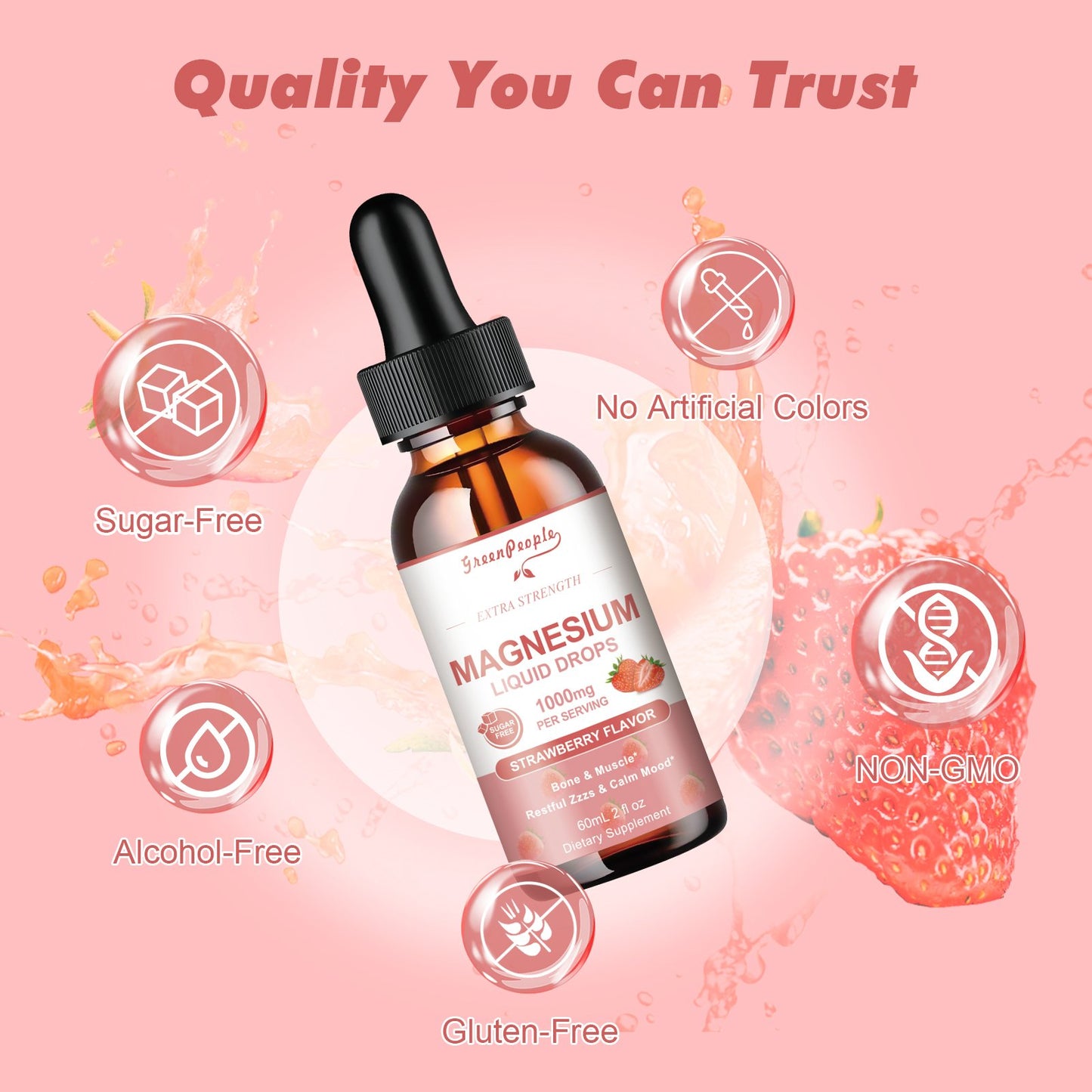 1000mg Liquid Drop Magnesium Complex with D3, K2 & B6 for Sleep Sugar-Free Strawberry Flavor