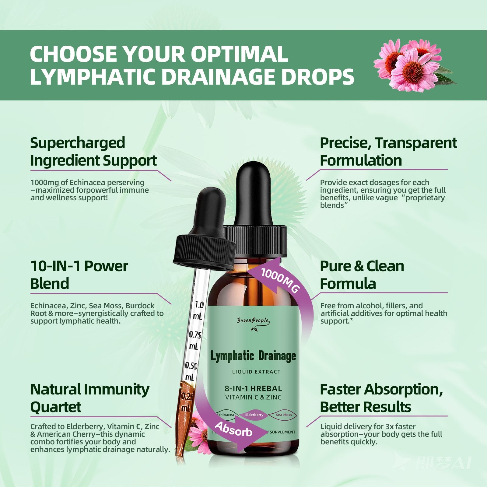 Lymphatic Drainage Drops, 10-in-1 Lymphatic Supplements with Echinacea & Burdock Root- Immune & Detox Boost, Advanced Absorption, Non-GMO (2 fl oz, 2 Pack) - GreenPeople