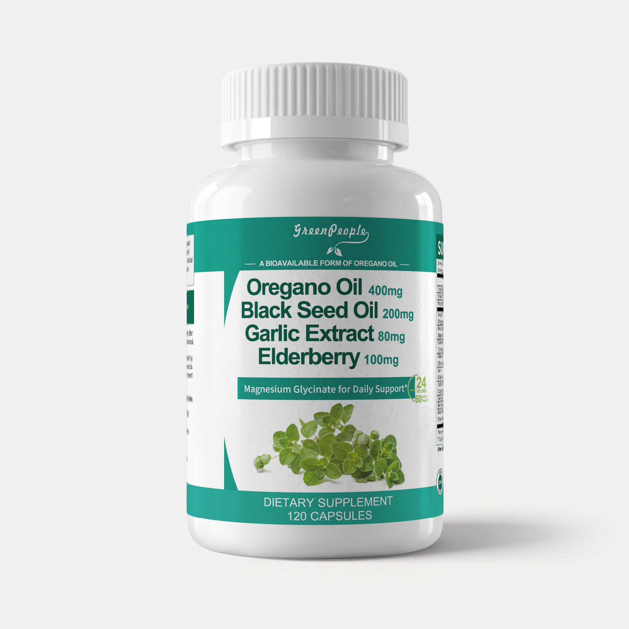 GreenPeople oregano oil capsules in a white bottle with green label, showing capsules inside.