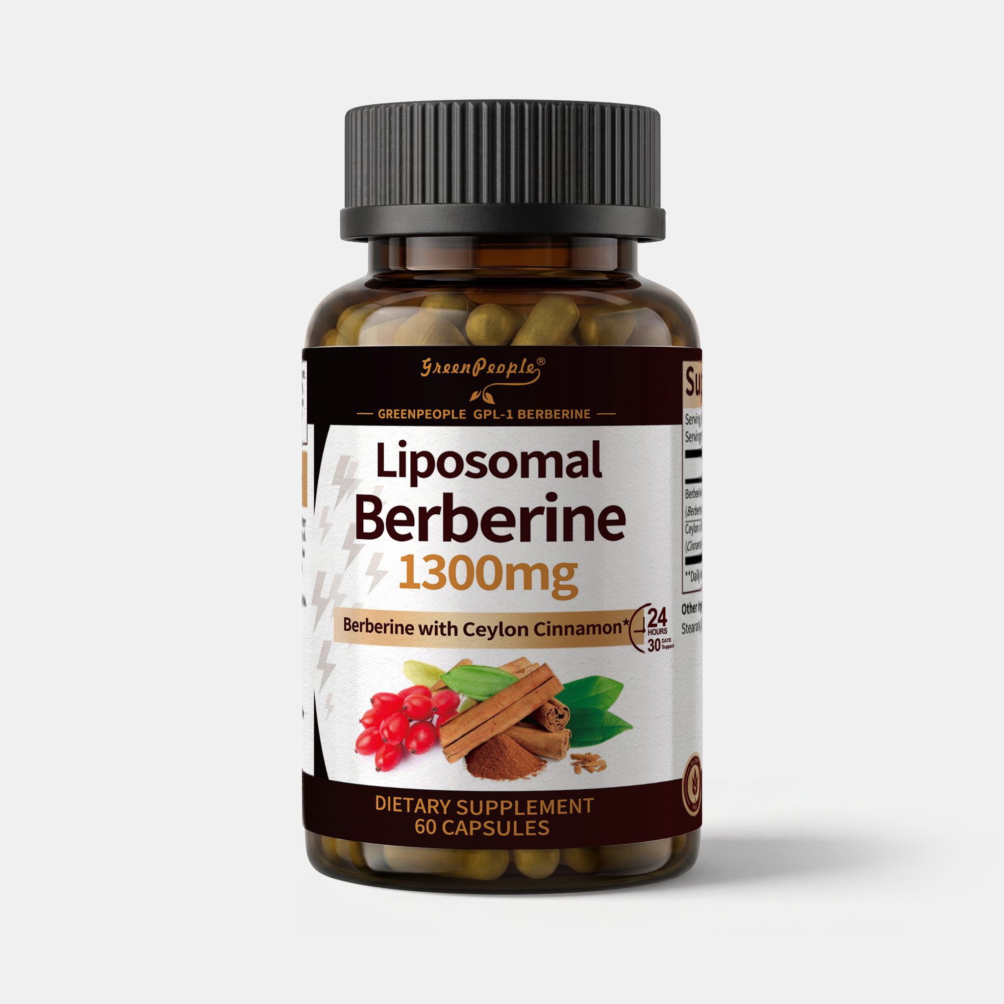 Liposomal Berberine HCl capsules by GreenPeople, 1300mg, 60 softgel capsules showing the supplement bottle and capsules.