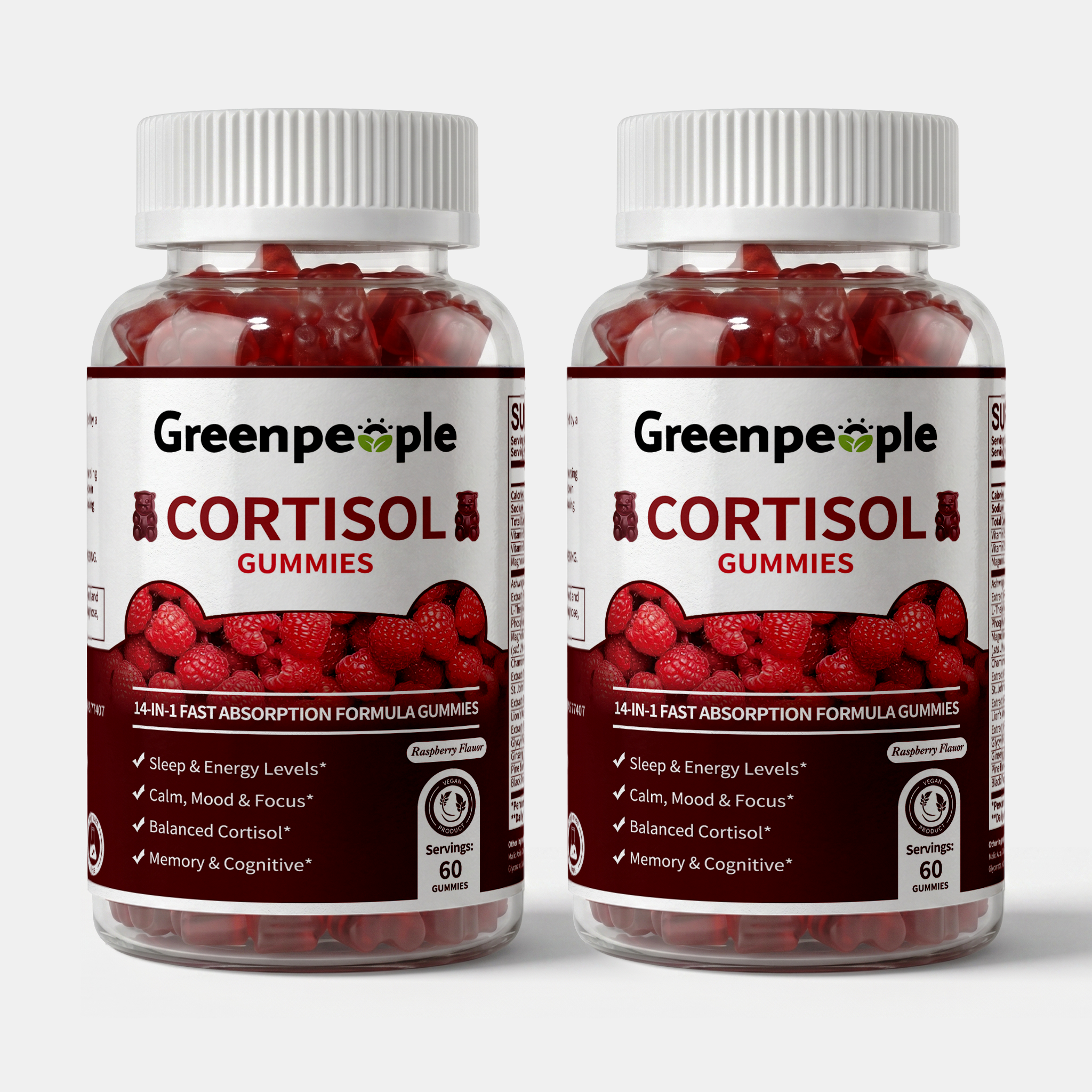 GreenPeople cortisol health and support gummies 2-pack with 120 chewable gummies in a colorful bottle, promoting stress relief and wellness.