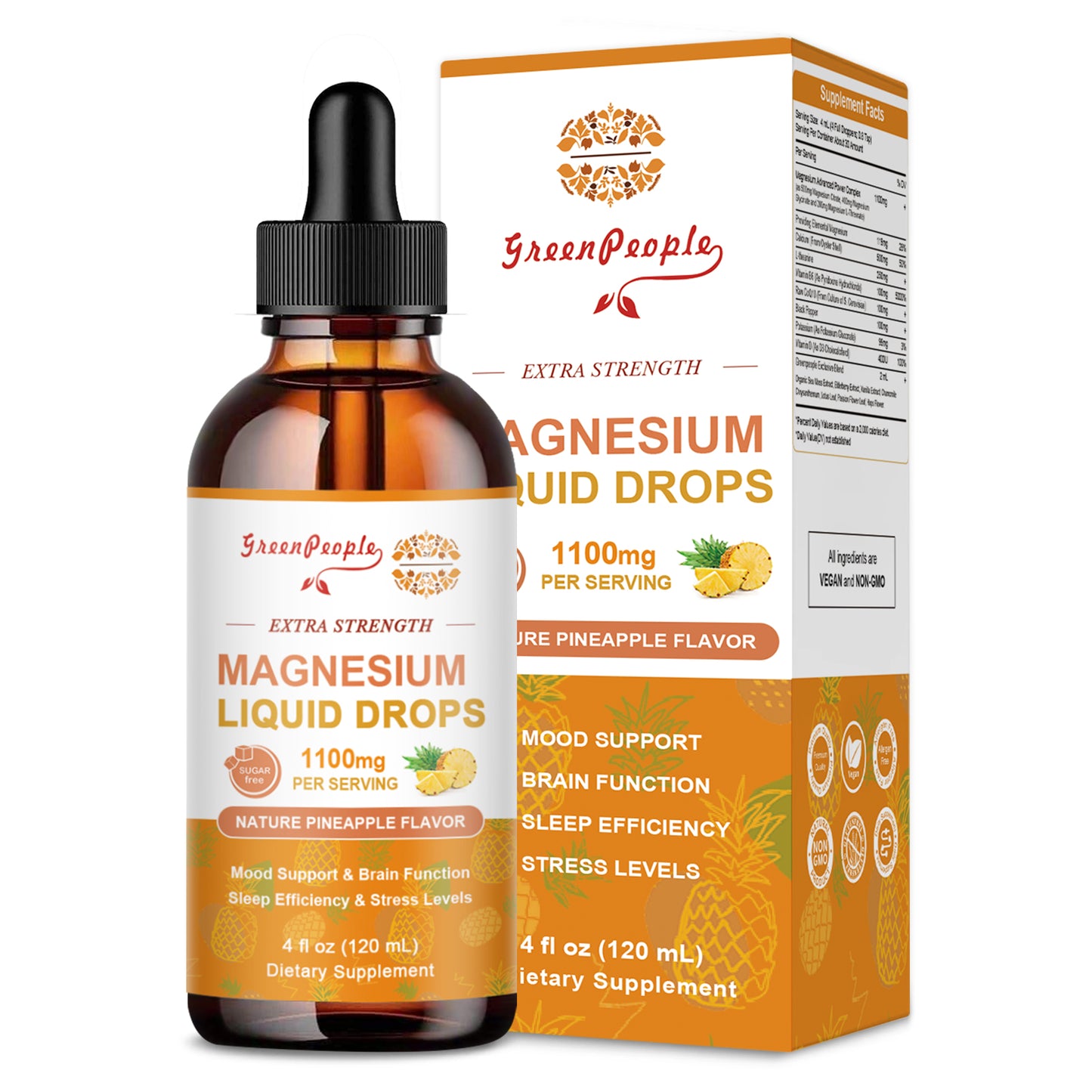 GREENPEOPLE 17-in-1 Triple Magnesium Complex Supplement Liquid Drops Pineapple Flavor