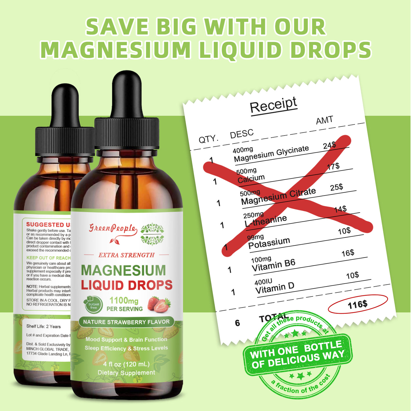 GREENPEOPLE 17-in-1 Triple Magnesium Complex Liquid Drops Supplement 1100mg Strawberry Flavor