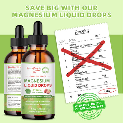 GREENPEOPLE 17-in-1 Triple Magnesium Complex Liquid Drops Supplement 1100mg Strawberry Flavor